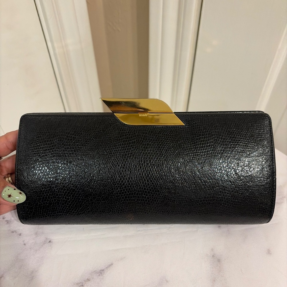 RODO Womens Lizard Embossed Leather Evening Clutch Bag Black Gold Made in Italy